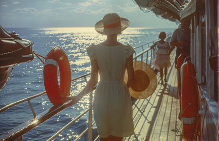 A woman in a bikini stands on a cruise ship deck, looking out at the ocean. She is facing the horizon, with her back to the camera. A life ring is visible in the foreground. The sea is calm and the sky is blue.の素材