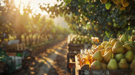 A wooden crate filled with bottles of pear juice sits under a pear tree at an orchard. Pears can be seen growing on the tree and in the background a wagon filled with pears is being pulled away.の素材