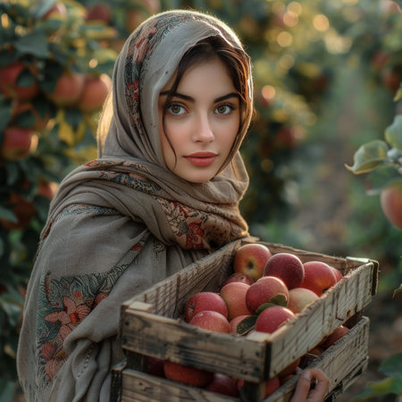 A young woman in a patterned headscarf holds a wooden crate full of red apples in an orchard setting.の素材
