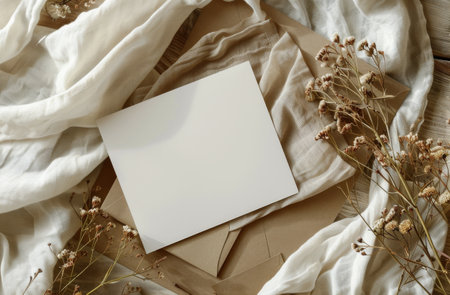 A white envelope lays flat on a beige fabric with dried white flowers to the left.の素材