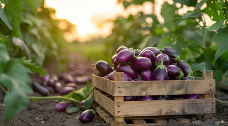 A wooden crate filled with freshly harvested eggplants sits in a field at sunset.の素材