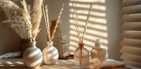 A close-up of three decorative reed diffuser bottles, two white and one brown, along with dried pampas grass, all placed on a wooden surface, with natural sunlight shining through a nearby window.の素材