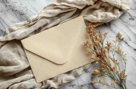 A white envelope lays flat on a beige fabric with dried white flowers to the left.の素材