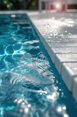 A close-up view of a pool edge with rippling water and a blurred background of the ocean.の素材