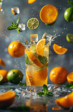 A glass of refreshing orange and lime cocktail with mint and ice.の素材