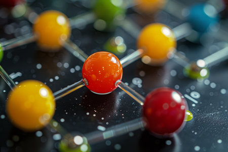 An abstract image of spheres of various colors connected by wire in a complex pattern against a black background.の素材