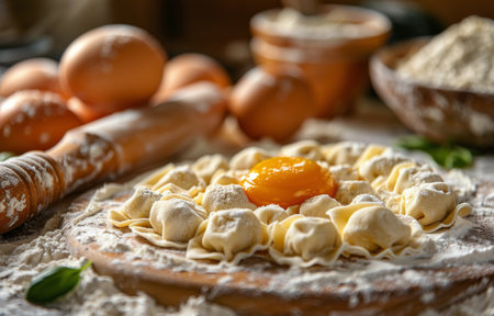 A close-up view of fresh tortellini pasta with a single egg yolk in the center, resting on a wooden cutting board surrounded by flour and other kitchen tools.の素材