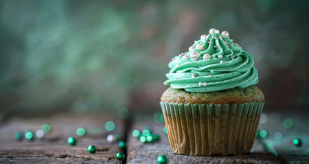 A single cupcake with green icing and white sprinkles sits on a wooden table, surrounded by more sprinkles.の素材