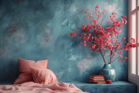 A vase of pink blossoms sits on a wooden side table in front of a blue wall with a couch and pillows.の素材