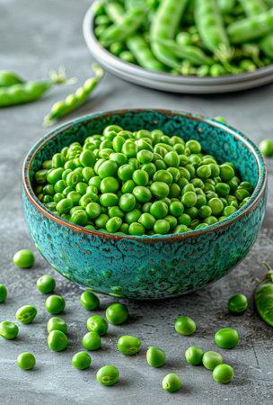 A close-up image of a teal bowl filled with fresh, green peas on a gray surface. Scattered peas around the bowl add to the visual appeal.の素材