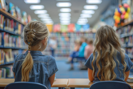 Two girls with long hair are seated at a desk in a library. Their backs are to the camera and they are facing the shelves of books.の素材