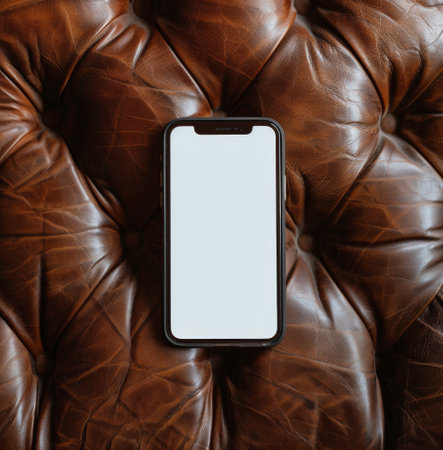 A modern smartphone with a white screen lays on a brown leather couch.の素材