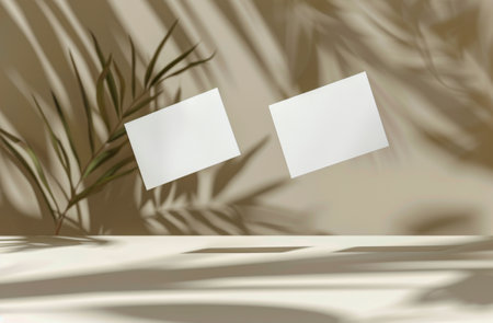 Two blank white cards float above a white surface. Palm leaf shadows cast across the surface and the background.の素材