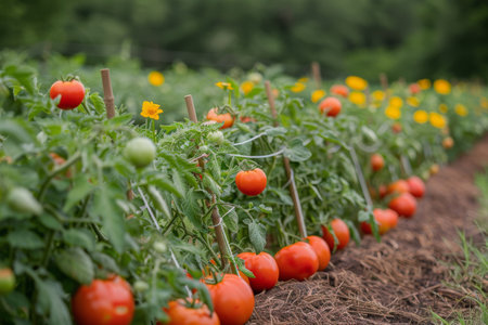 A close-up view of red tomatoes ripening on the vine in a summer garden with rows of plants and black plastic mulch.の素材