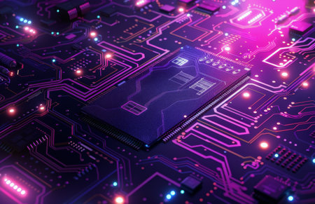 A close up shot of a circuit board with a central processing unit glowing pink.の素材
