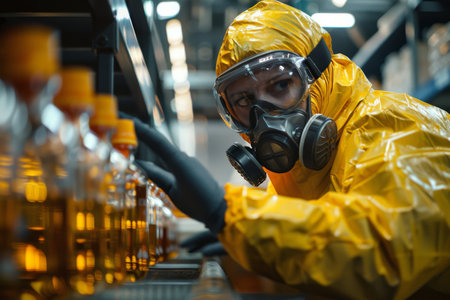 A person wearing a yellow hazmat suit and a respirator mask inspects bottles of chemicals on a shelf in an industrial setting.の素材