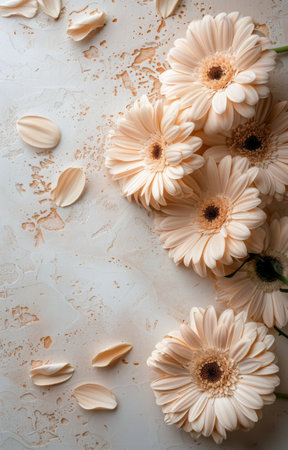 A close-up photo of white daisies arranged in a bouquet with delicate stems and soft shadows cast on a cream background.の素材