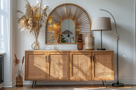 A modern living room features a wooden cabinet with rattan doors, a large rattan mirror, and a floor lamp with a fabric shade.の素材