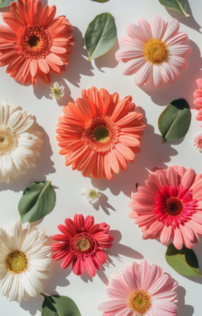 A flat lay of colorful gerber daisies and leaves on a white background.の素材
