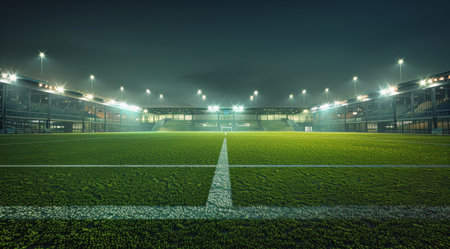 A wide shot of a football stadiums field at night, lit up by bright stadium lights.の素材