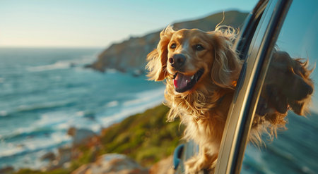 A Golden Retriever sits in the backseat of a car, looking out the window at the ocean.の素材