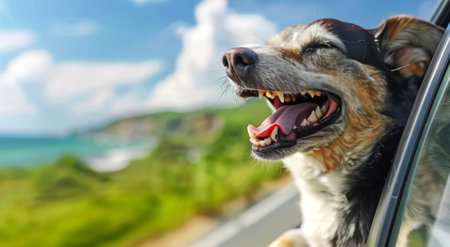 A brown and tan dog with its tongue out and ears perked up looks out the window of a car with a view of the ocean in the background.の素材