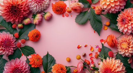 A flat lay featuring pink and orange flowers, leaves, and petals arranged around a pink background, creating a beautiful and vibrant floral design.の素材
