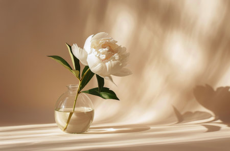 A single white peony sits in a clear glass vase on a white tabletop, bathed in the warm sunlight.の素材