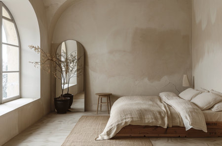 A white bedroom with natural light coming through a large arched window, featuring a white bed with white linens, a wooden headboard, and two olive trees in pots.の素材