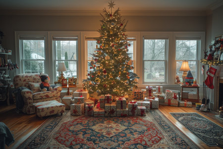 A decorated Christmas tree stands next to a fireplace adorned with stockings in a living room, surrounded by presents and furniture.の素材