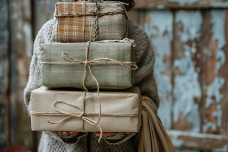 A woman in a white dress and brown sweater holds a stack of wrapped presents in front of a textured wall.の素材