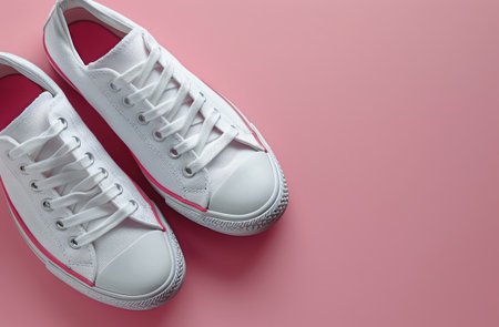 A pair of white canvas sneakers are lying on a pink background.の素材
