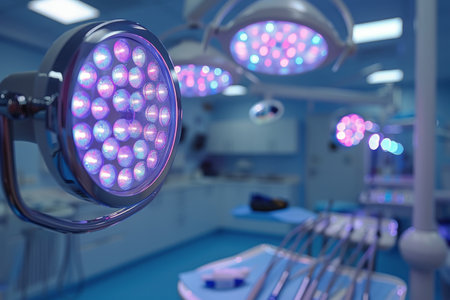 A close-up view of a surgical lamp in a modern operating room with surgical instruments in the background.の素材