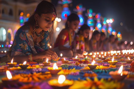 A young woman in traditional Indian clothing lights diyas during the Diwali festival.の素材