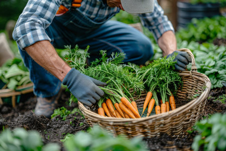 A farmer carefully gathers a basket of freshly harvested carrots from his garden.の素材