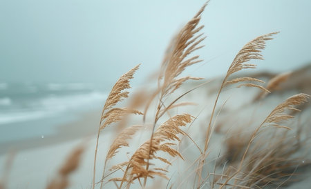 Tall grass bends in the wind on a misty beach with the ocean in the background.の素材