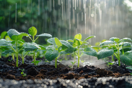 A close-up image of young plants being watered by rain in a garden.の素材