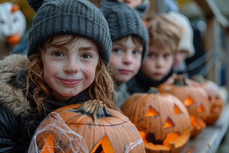 A group of children dressed in warm clothing smiling for the camera while holding jack-o-lanterns on Halloween.の素材