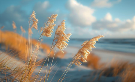 Tall grass bends in the wind on a misty beach with the ocean in the background.の素材