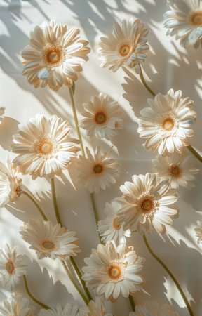 A group of cream-colored gerbera daisies and baby's breath are arranged in a bouquet, illuminated by the soft rays of sunlight.の素材