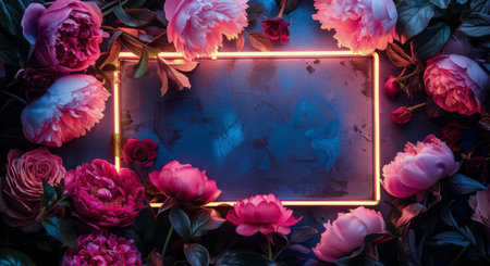 A close-up view of a glowing neon light frame surrounded by pink peonies blooming in a dark garden.の素材