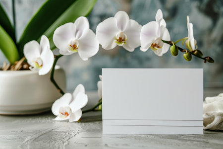 A white card rests on a gray surface, surrounded by delicate white orchid flowers and gray stones.の素材