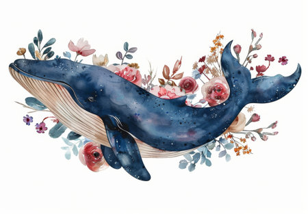 A watercolor painting showing a majestic whale swimming gracefully amidst vibrant flowers, creating a harmonious scene.の素材