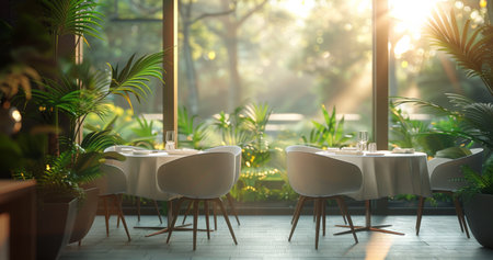 Two tables are set with white tablecloths and chairs in a restaurant with large windows overlooking a green garden. The sun shines brightly through the windows.の素材