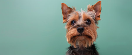 A Yorkshire Terrier looks directly at the camera with a curious expression against a teal background.の素材