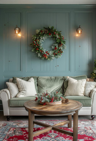 A green velvet couch sits in a living room with a Christmas wreath and decor.の素材