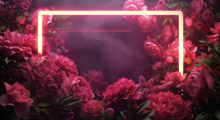 Pink roses surround a glowing neon light frame, creating a moody and atmospheric scene.の素材