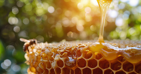 A close-up shot of honeycomb dripping honey, with bees flying around it in the sunlight.の素材