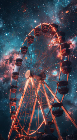 A brightly lit Ferris wheel stands tall against a dark night sky filled with stars and the Milky Way.の素材