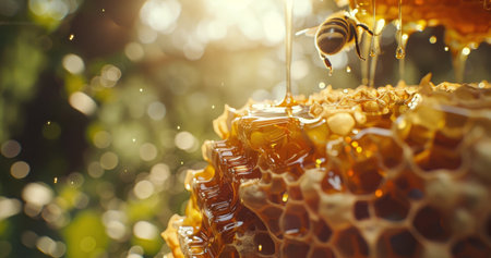 A close-up shot of honeycomb dripping honey, with bees flying around it in the sunlight.の素材